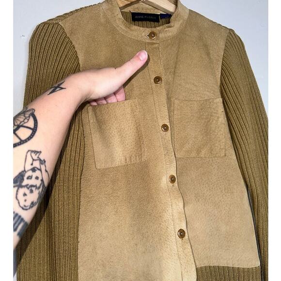 Anne Klein Vintage Wool & Suede Leather Cardigan Sweater Jacket Tan Brown Small - Picture 2 of 6